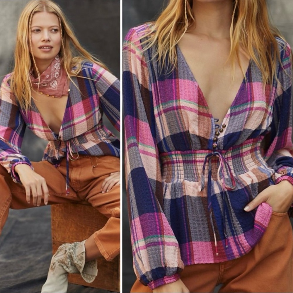 ANTHROPOLOGIE Pilcro Plaid Deep-V Blouse